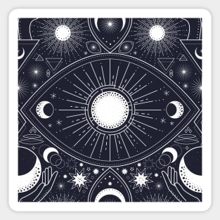 Magic pattern with constellations, sun, moon, magic eyes, hands and stars. Mystical esoteric background. Sticker